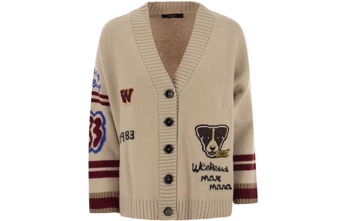 (Women) WEEKEND MaxMara Beige Dog Letter Intarsia V-Neck Cardigan for Women. 2353460333600-001