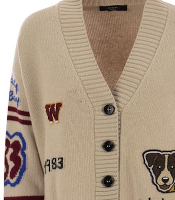 (W) WEEKEND MaxMara Beige Cardigan Wanita Motif Huruf Anjing V-Neck. 2353460333600-001 Details for (W) WEEKEND MaxMara Beige Cardigan Wanita Motif Huruf Anjing V-Neck. 2353460333600-001