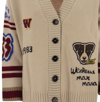 (W) WEEKEND MaxMara Beige Cardigan Wanita Motif Huruf Anjing V-Neck. 2353460333600-001 Sizing (W) WEEKEND MaxMara Beige Cardigan Wanita Motif Huruf Anjing V-Neck. 2353460333600-001