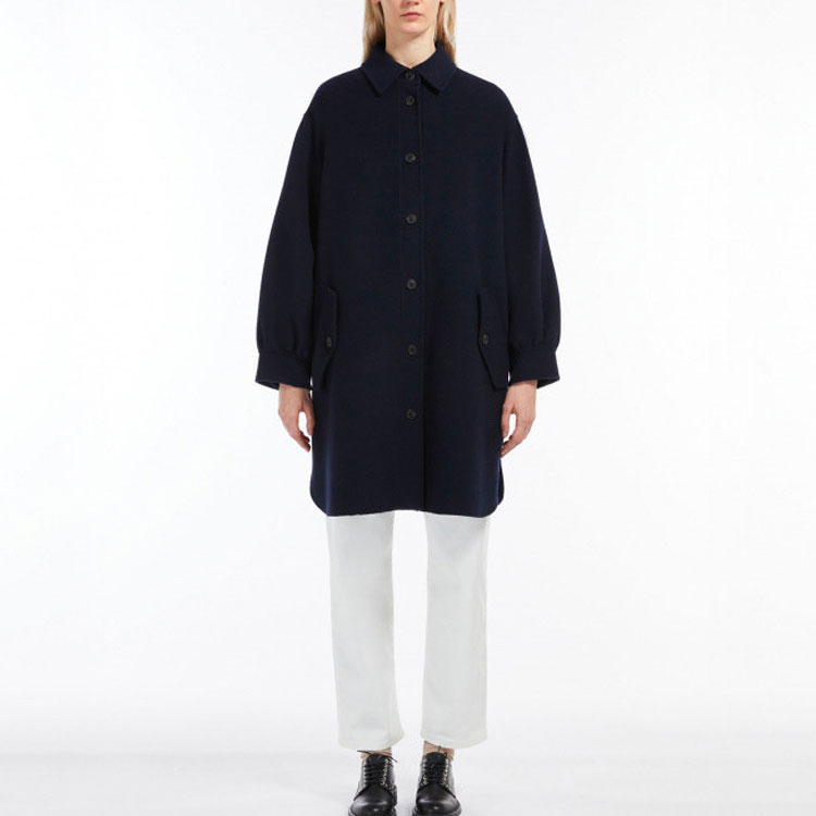 Lookbook (W) WEEKEND MaxMara Fariseo Biru Mantel Lengan Panjang Kancing Wanita. 5016012906015-FARISEO