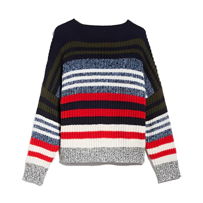 (Women) WEEKEND MaxMara FW23 Navy Blue Striped Wool Knit Pullover Sweater. 5366103306-015