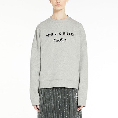 (W) WEEKEND MaxMara Baju Panas Logo Cetakan Crewneck Wanita Kelabu. 5921033706001-HOT Lookbook (W) WEEKEND MaxMara Baju Panas Logo Cetakan Crewneck Wanita Kelabu. 5921033706001-HOT