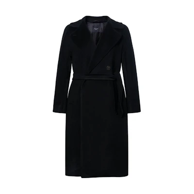 (Women) WEEKEND MaxMara Resina Black Mid-Length Coat with Belt and Long Sleeves 50160123600013-RESINA
