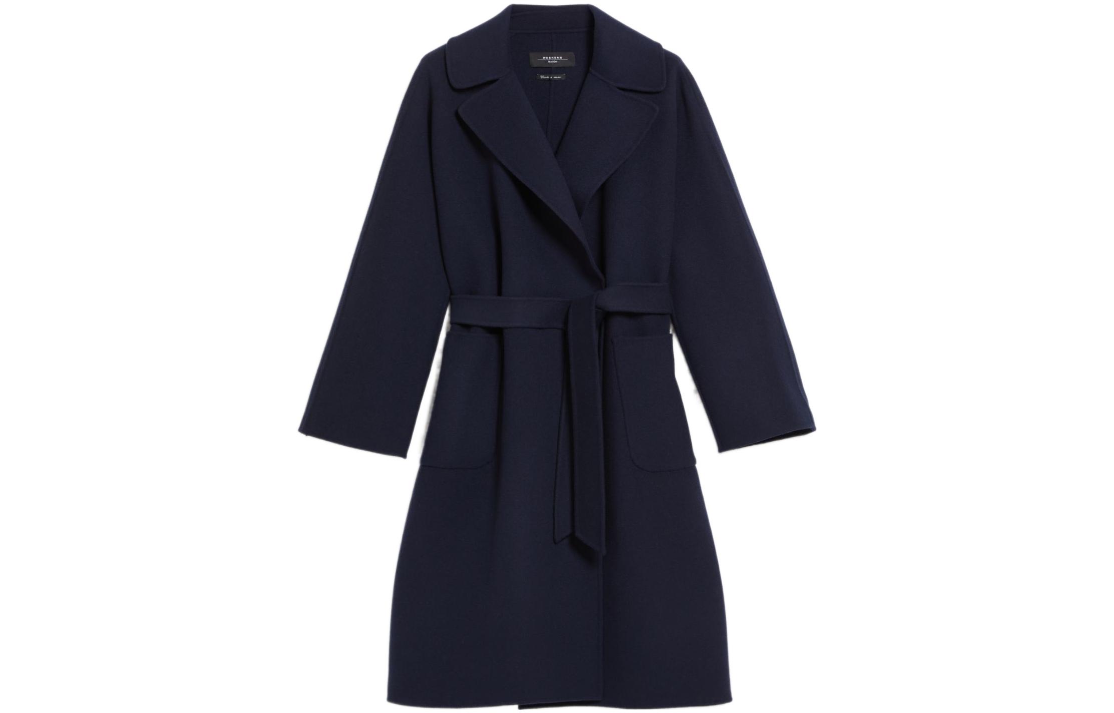(Women) WEEKEND MaxMara Rovo Navy Blue Belted Loose Fit Overcoat for Women 5016032906015-ROVO