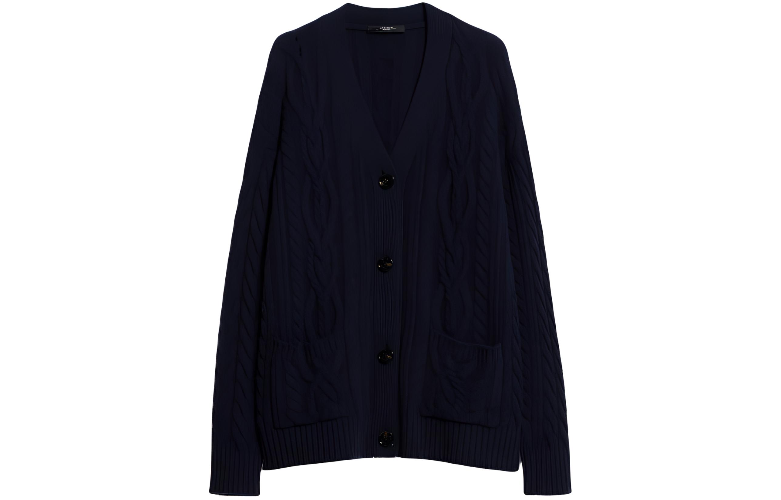 (Women) WEEKEND MaxMara Sponda Wool V-Neck Buttoned Cardigan Navy Blue  Knitwear 5346073306012-SPONDA