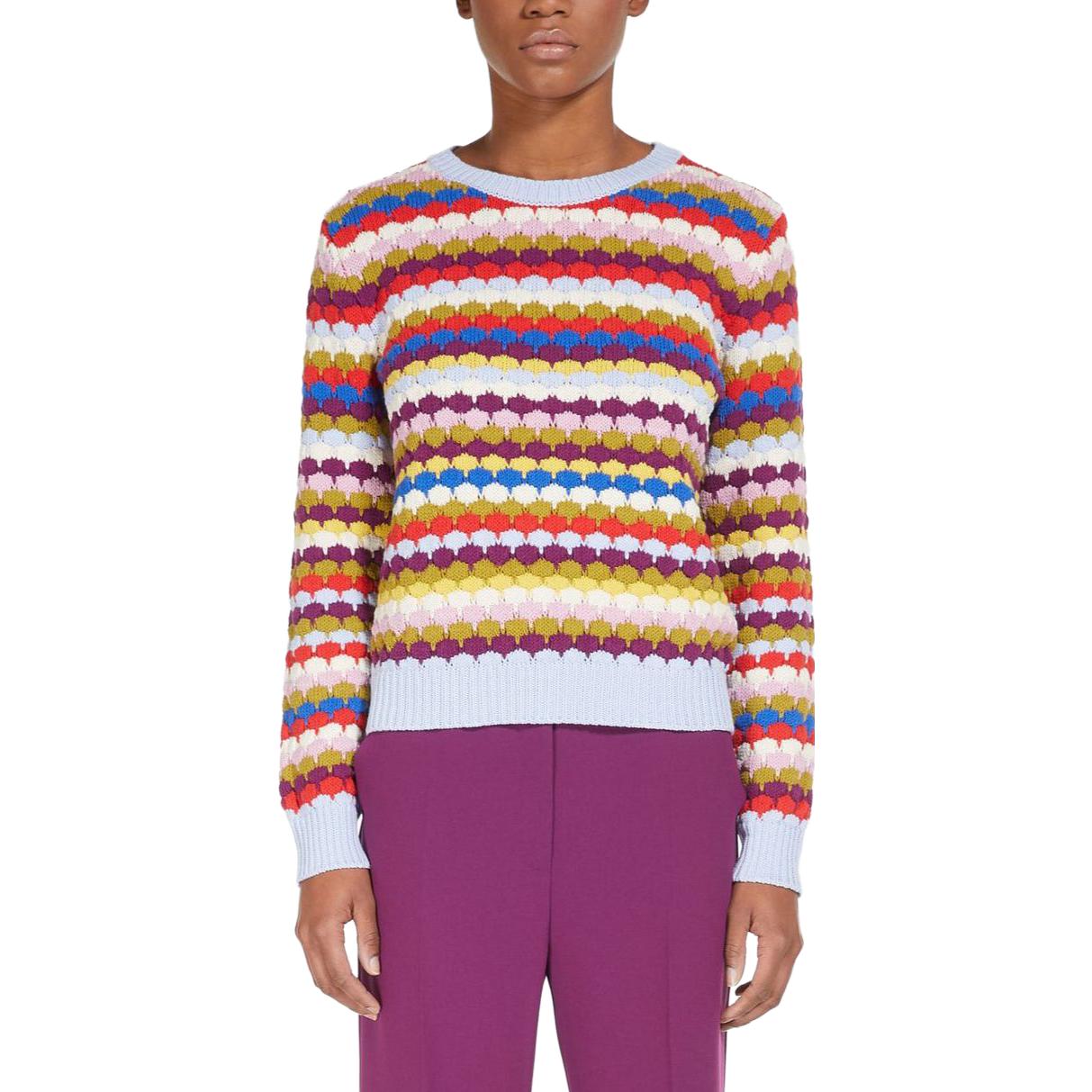 Lookbook (W) 위켄드 맥스마라 여성 스트라이프 컬러블록 크루넥 긴팔 스웨터. 2353661939600-001