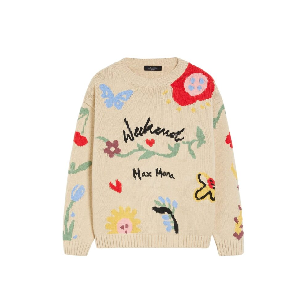 (Women) WEEKEND MaxMara Zingaro Cotton Embroidered Print Crewneck Sweater Beige Women. 5361204106001-ZINGARO