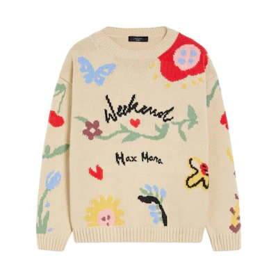 (Women) WEEKEND MaxMara Zingaro Cotton Embroidered Print Crewneck Sweater Beige Women. 5361204106001-ZINGARO