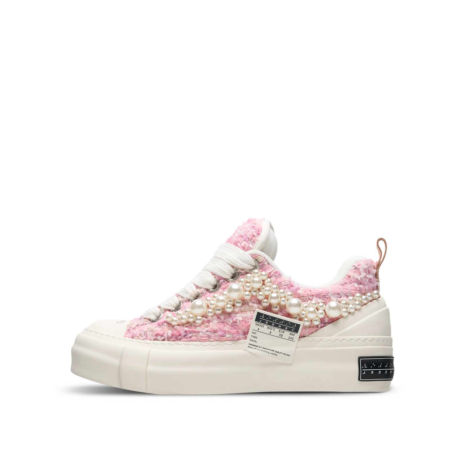 (Women) xVESSEL Pink Tweed Y2K Pearl Nougat Casual Mid-Top Canvas Sneakers Women F23X35F