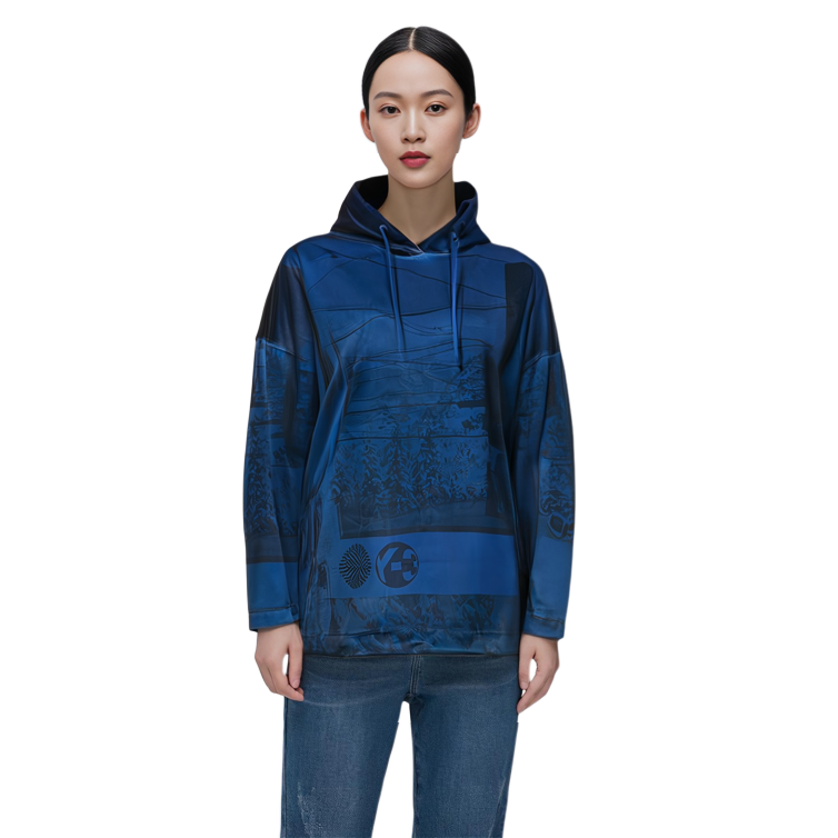 Details for (W) Y-3 FW21 Spacer Zine Velvet Print Hoodie Biru Panjang Sedang HB3377