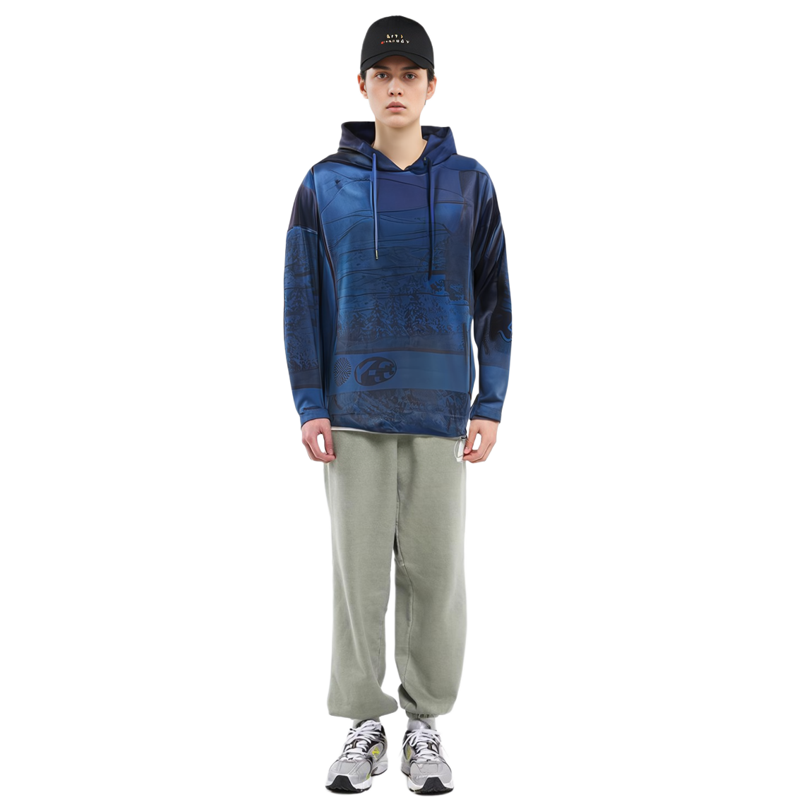 Sizing (W) Y-3 FW21 Spacer Zine Velvet Print Hoodie Biru Panjang Sedang HB3377