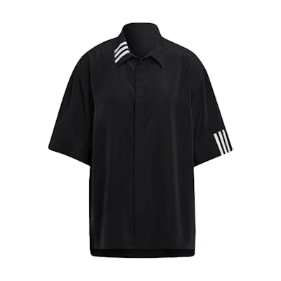 (Women) Y-3 SS21 Black Short Sleeve Shirt with Striped Detail & Button Collar HG8534