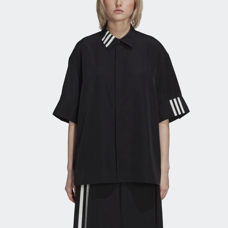 Lookbook (Women) Y-3 SS21 Black Short Sleeve Shirt with Striped Detail & Button Collar HG8534
