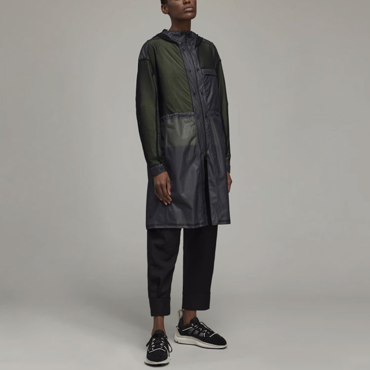 Sizing (W) Y-3 SS22 블랙 솔리드 미드 렝스 후드 코트 HG8672