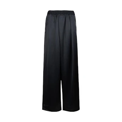 (Women) Y-3 SS23 Black Satin Wide-Leg Pants with Minimalist Logo. H63037