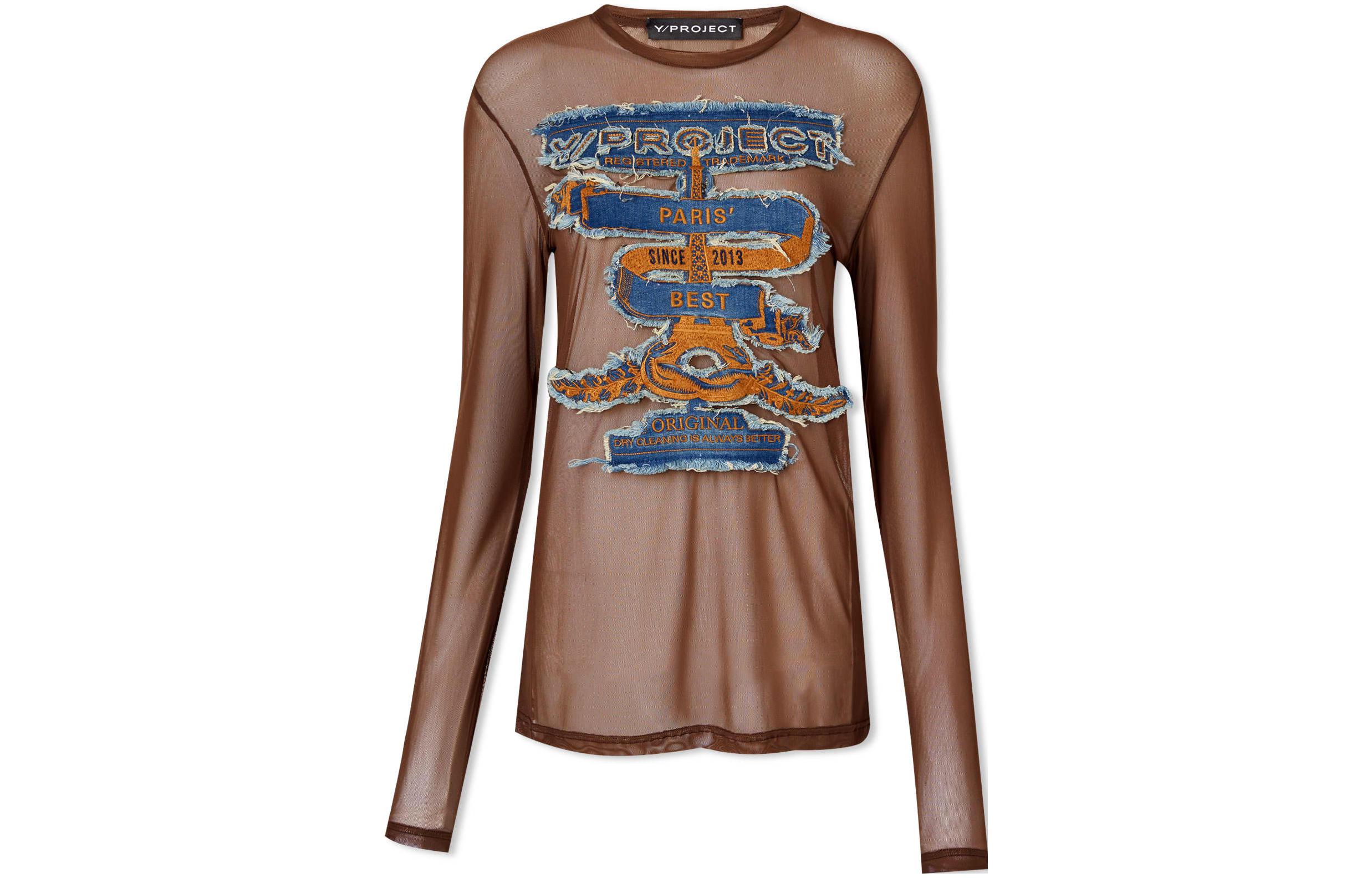 (Women) Y/Project YProject  Brown Long Sleeve T-Shirt with Sheer Mesh Detail. TS76S24F310-BROWN