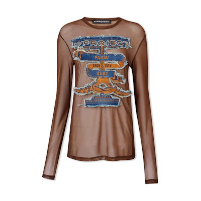 (Women) Y/Project YProject Brown Long Sleeve T-Shirt with Sheer Mesh Detail. TS76S24F310-BROWN