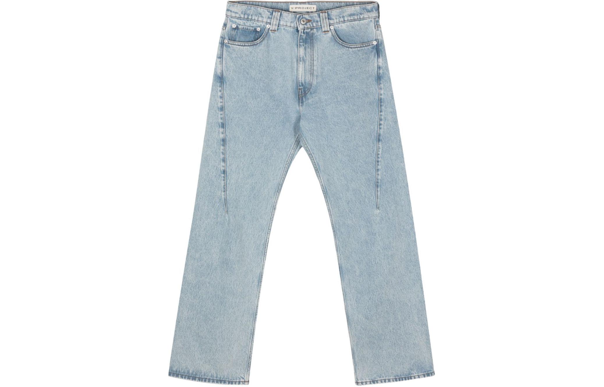 (Women) Y/Project YProject SS24  Ice Blue Pleated Logo Patch Comfort Jeans 5-Pocket Style 207PA002-BLUE