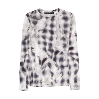(Women) Y/Project YProject SS24 Sheer Plaid Long Sleeve Pullover T-Shirt Black. 105TO001-WHITE