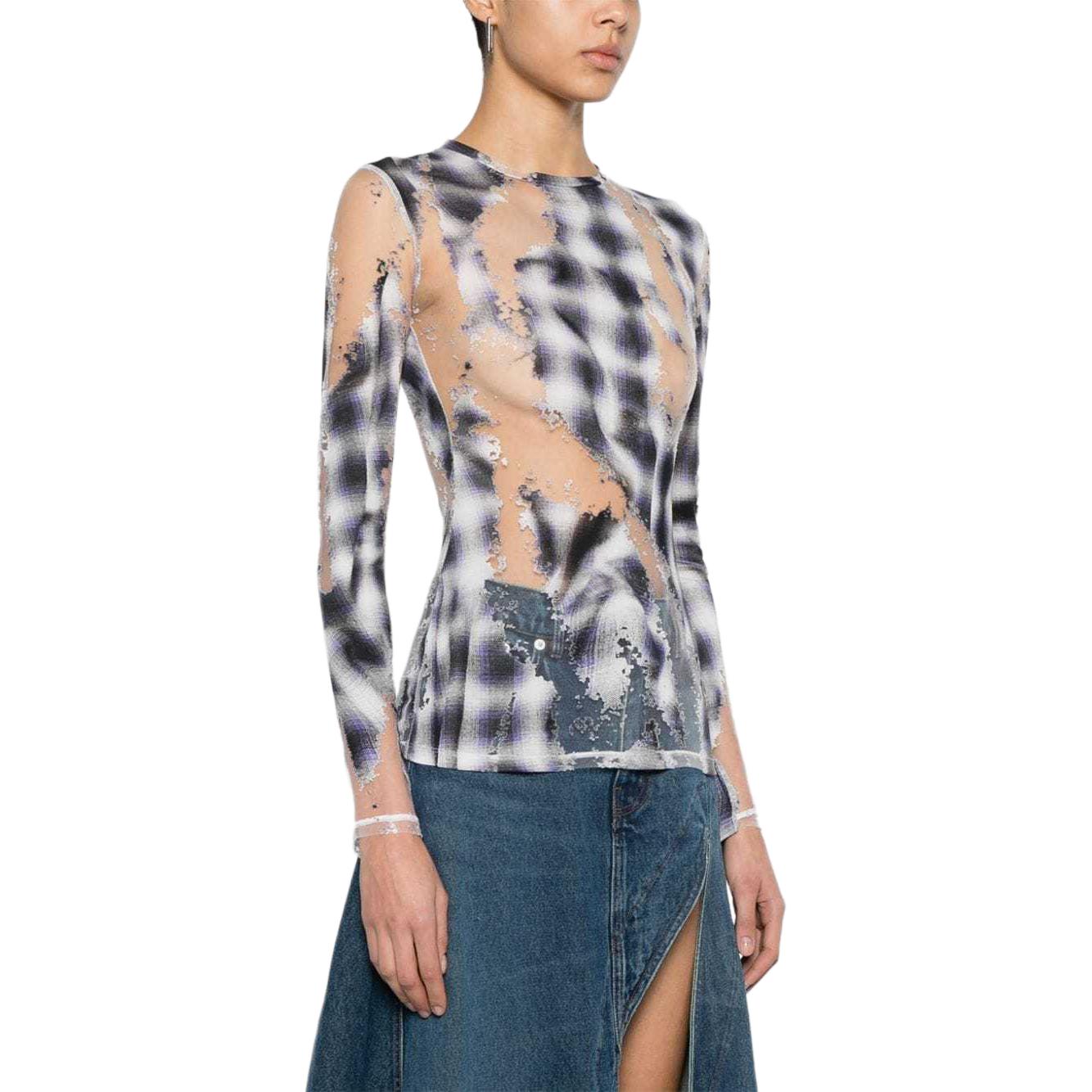 Purchase (W) Y/Project YProject SS24 Baju T Lengan Panjang Plaid Jarang Hitam. 105TO001-WHITE