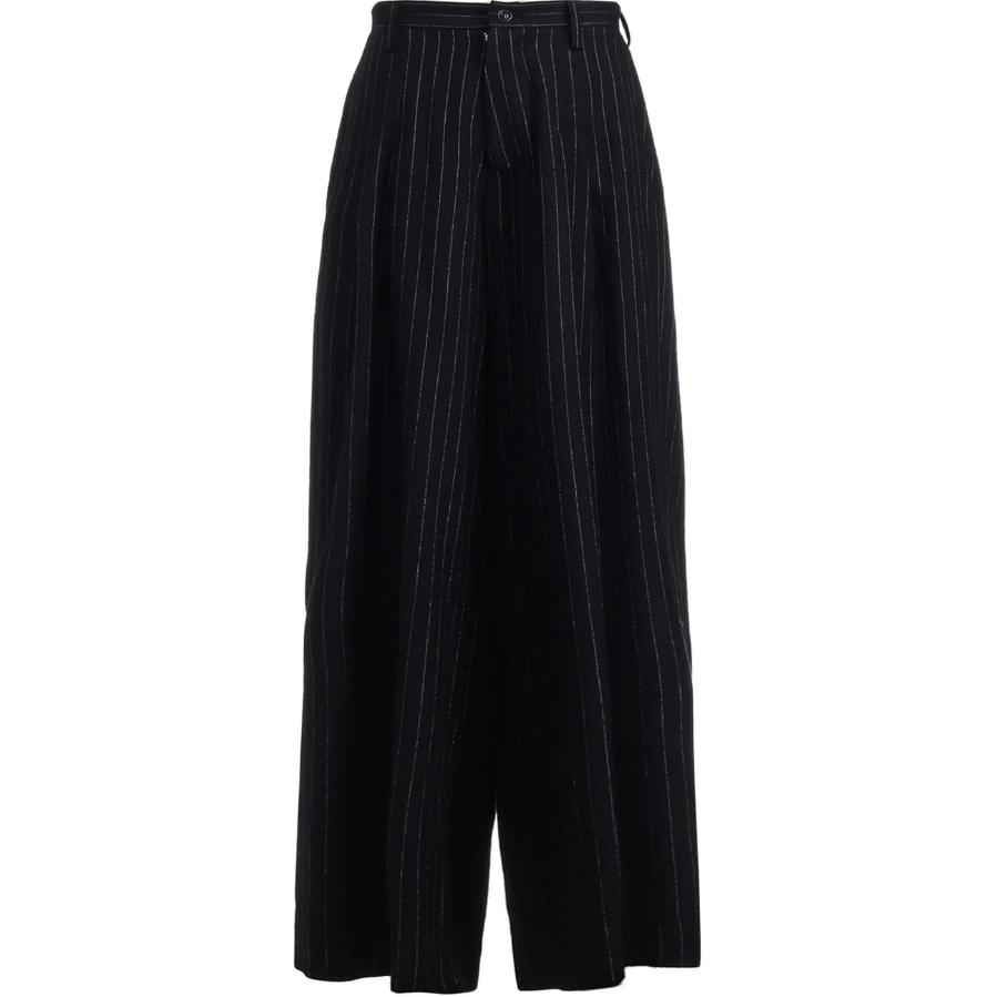 (Women) Yohji Yamamoto  Black Striped Wide-Leg Casual Pants with Zipper. YB-P03-127-2