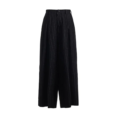 (Women) Yohji Yamamoto Black Striped Wide-Leg Casual Pants with Zipper. YB-P03-127-2