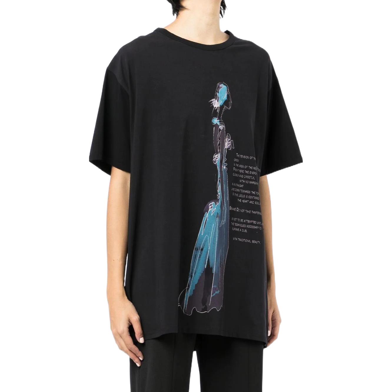 Purchase (W) Yohji Yamamoto SS22 Kaos Wanita Lengan Pendek Cetak Grafis Warna Hitam FG-T67-275