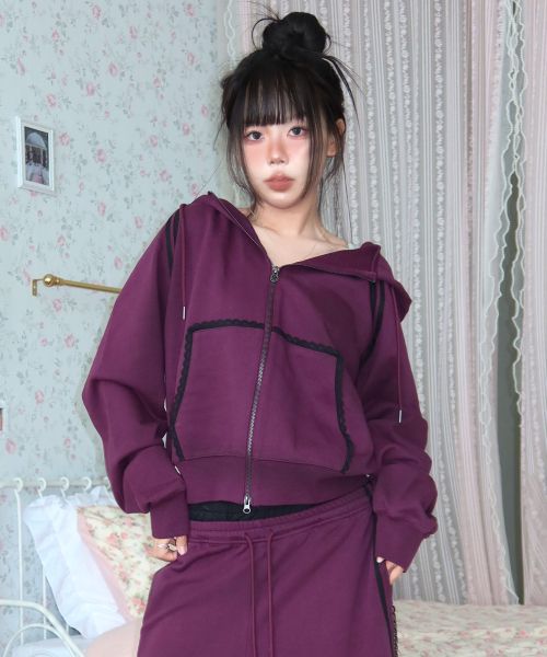 (Women) Yoohee [Anedain X Yuhee] Lace Trimmed Purple Hooded Zip-Up YHHZGC004PU