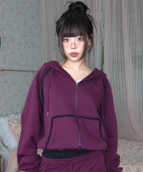 Lookbook (Women) Yoohee [Anedain X Yuhee] Lace Trimmed Purple Hooded Zip-Up YHHZGC004PU
