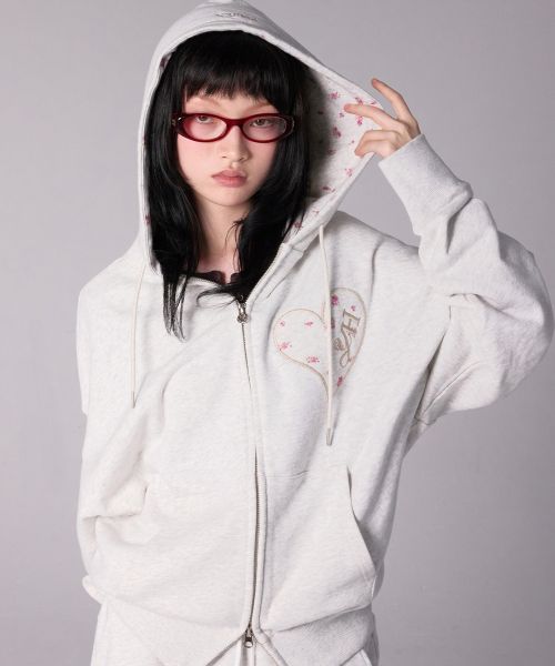 Order (Women) Yoohee [Jooyoung X Youhee] Heart Applique Hood Zip-Up Light Grey Hoodie YHHZGC001LG