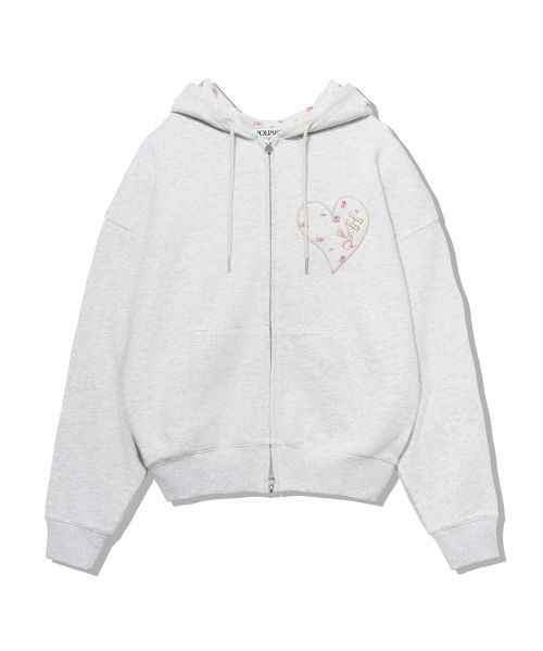 Lookbook (Women) Yoohee [Jooyoung X Youhee] Heart Applique Hood Zip-Up Light Grey Hoodie YHHZGC001LG