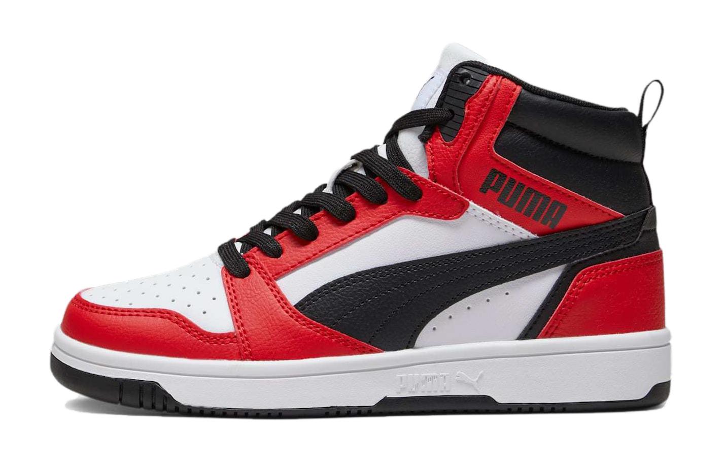(Youth) (Pre School) Puma Rebound V6 Mid Basketball Shoes White/Red/Black 393831-03
