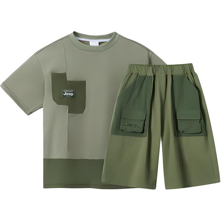 (Youth) Jeep Casual Sports Set Youth Crewneck Colorblock Tee & Comfy Shorts in Bean Green. D342BA1326