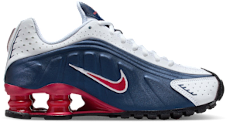 (Youth) Nike Shox R4 Running Shoes Midnight Navy/White/Metallic Silver/Gym Red CW2626-400 Lookbook (Youth) Nike Shox R4 Running Shoes Midnight Navy/White/Metallic Silver/Gym Red CW2626-400
