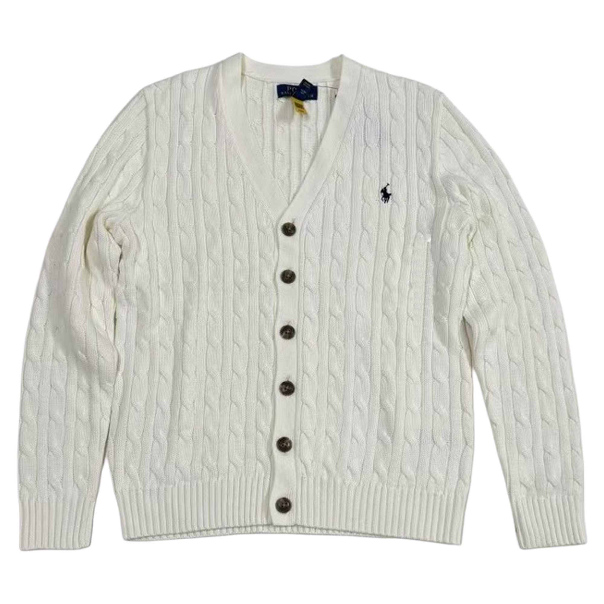 (Youth) Polo Ralph Lauren FW24 Cream Youth Cotton V-Neck Knit Cardigan with Pony Logo 323925718-003