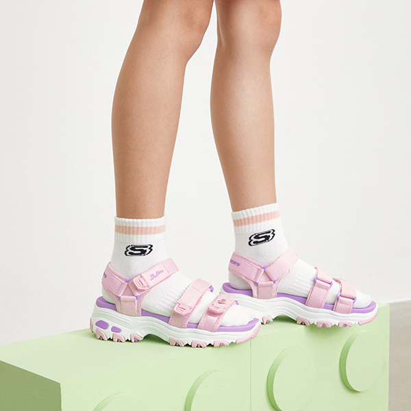 Cheap (Youth) Skechers D'Lites 'Lavender Magic Tape' Sandal 664134L-LAV