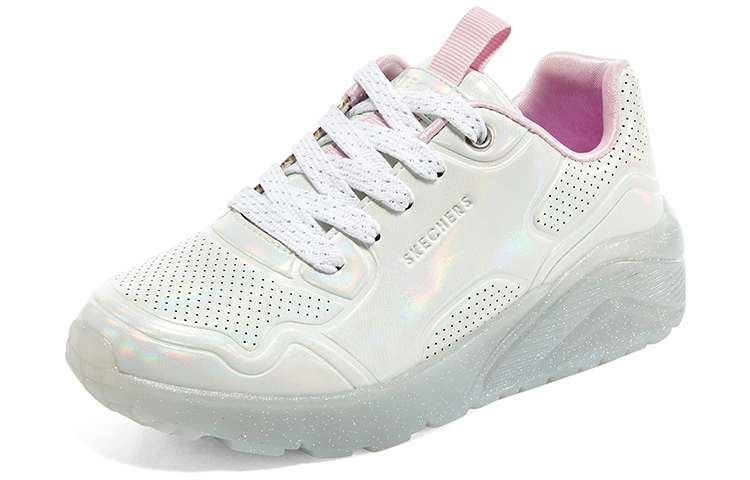 Lookbook 兒童 Skechers 女孩 減震耐磨 低幫 兒童板鞋 白色/銀色