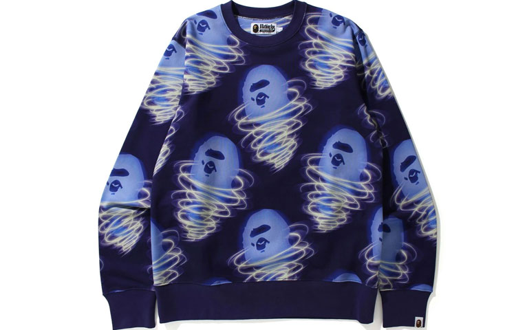 Lookbook 아 베이프 에이프 헤드 스톰 카툰 프린트 맨즈 긴팔 스웻셔츠. 1H80-113-007