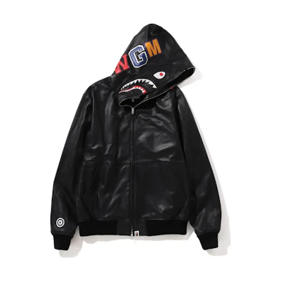 A BATHING APE Bape Leather Shark Full Zip Hoodie Jacket . 1I80-140-013