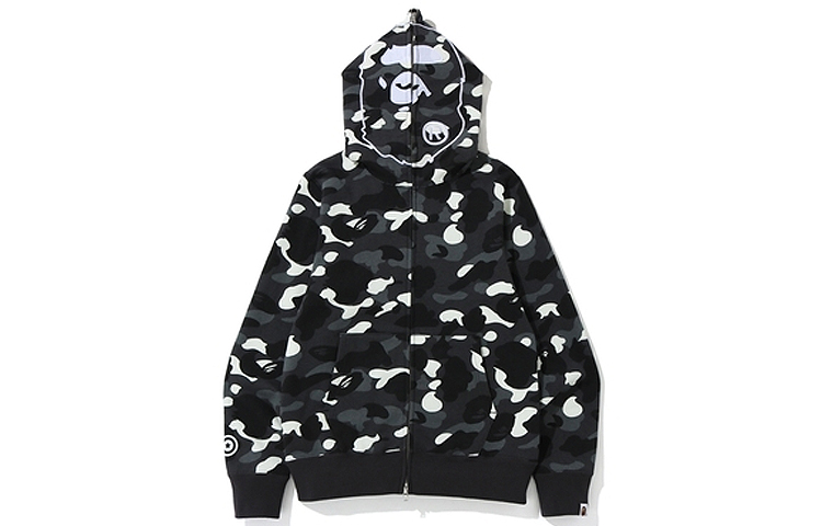 A BATHING APE BAPE Reflective Ape Head Zip-Up Hoodie Unisex Black Camo. 1F80-115-003