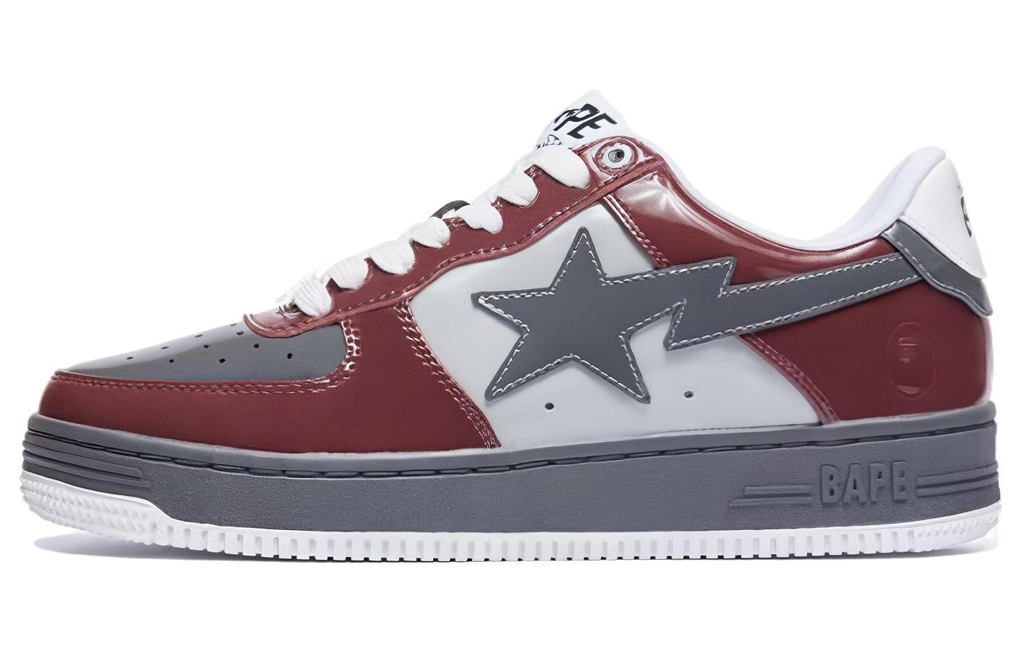 A BATHING APE BAPE STA Patent Leather Burgundy Grey Low-Top Sneakers Fashion 1I80-191-006 Wine Red Gray