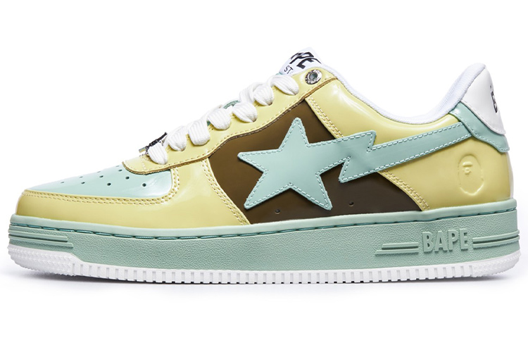 A BATHING APE BAPE STA Patent Leather Yellow Green Brown Low-Top Sneakers Men 1I80-191-006 Yellow Green Brown