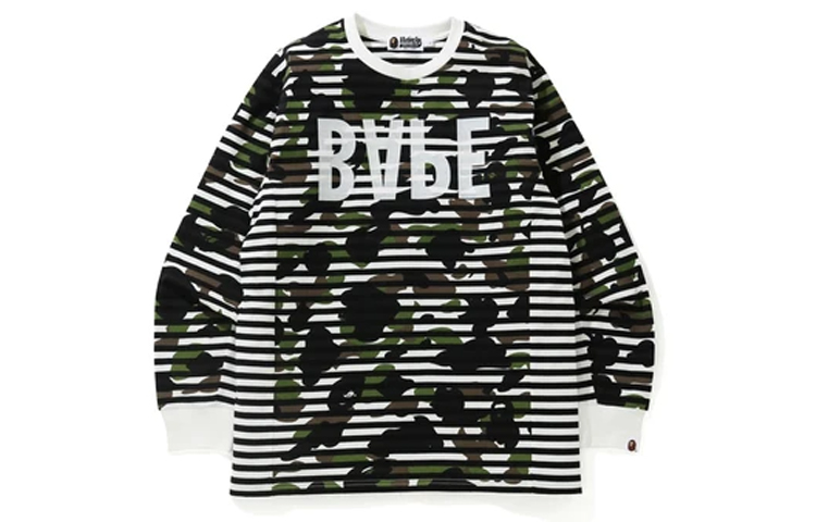 A BATHING APE Bape Striped Reverse Logo Print Long Sleeve Shirt Camo Mens. 1H30-111-003