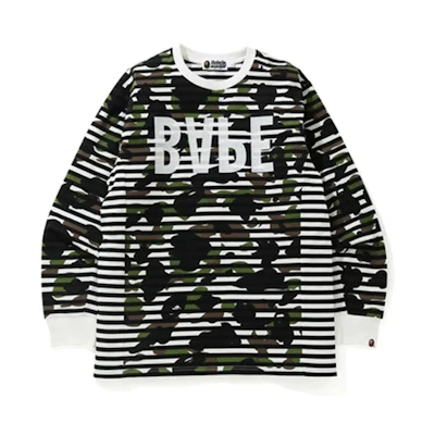A BATHING APE Bape Striped Reverse Logo Print Long Sleeve Shirt Camo Mens. 1H30-111-003