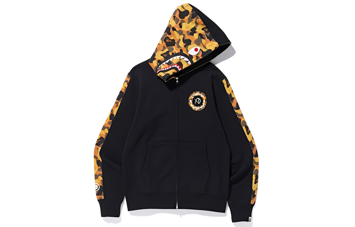 A BATHING APE BAPE XO Camo Shark Pullover Hoodie Black Yellow . 1E70-115-904