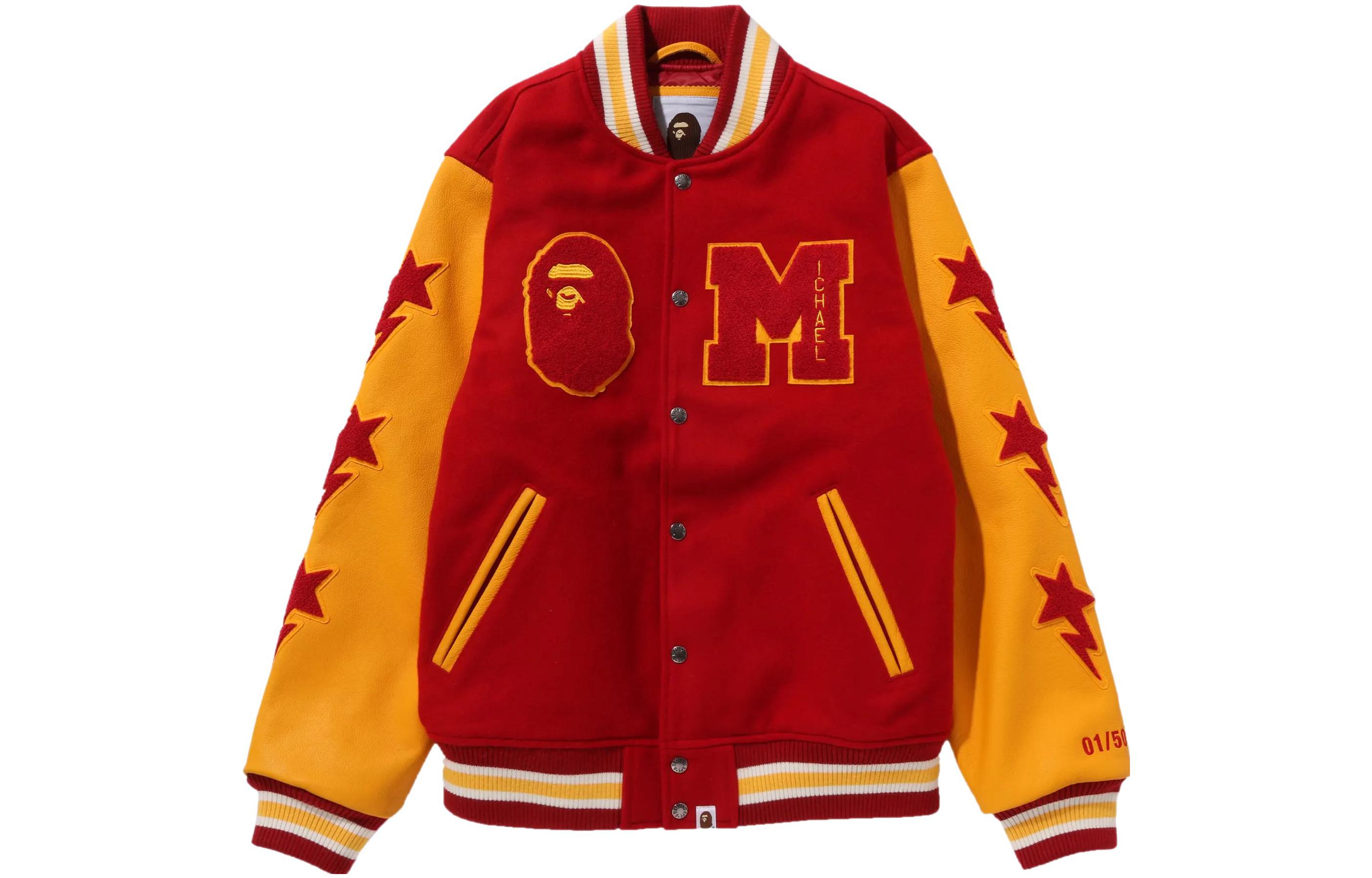 A BATHING APE FW23 BAPE x Michael Jackson Varsity Jacket Unisex Red Retro Style. 1J73-141-906