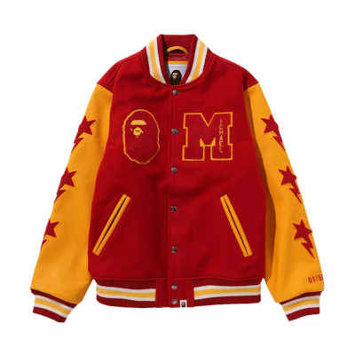 A BATHING APE FW23 BAPE Michael Jackson Varsity Jacket Unisex Red Retro Style. 1J73-141-906