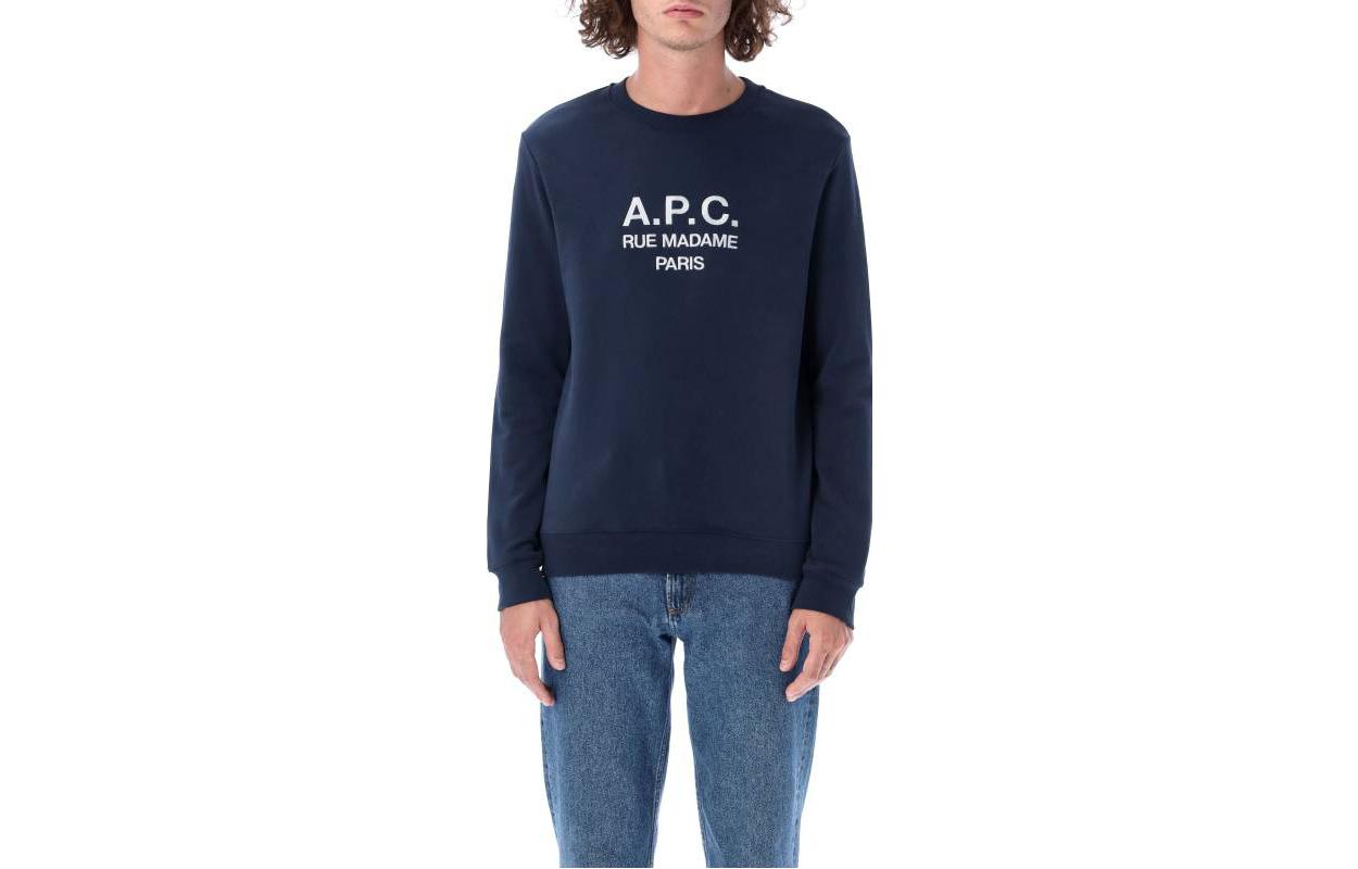 A.P.C. FW22 Navy Logo Print Crewneck Long Sleeve Sweatshirt Men H27500COEZD-IAJ