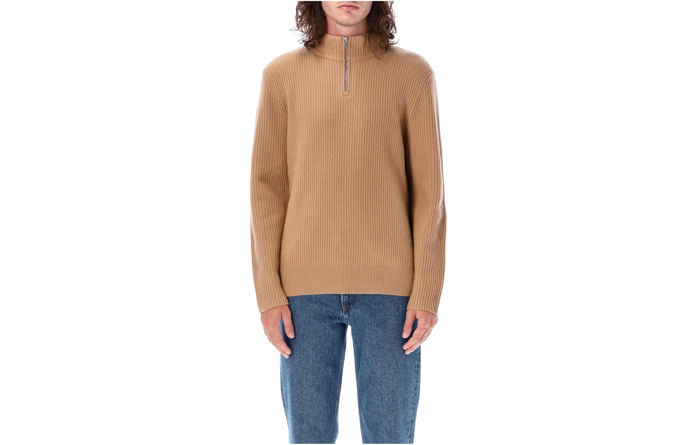 A.P.C. FW23 Beige Solid Turtleneck Ribbed Long-Sleeve Sweatshirt H2305-7WVBAJ-CAB