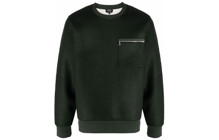 A.P.C. Green Crewneck Pullover Sweatshirt with Zipper Pocket H27681PSAFU-KAG